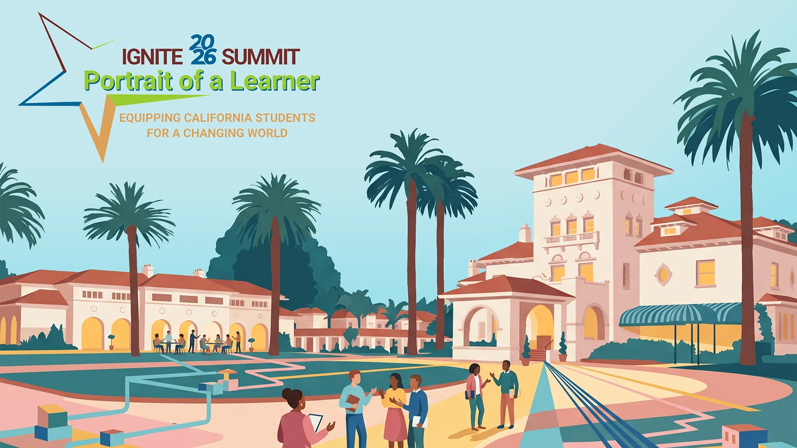 Illustration of the IGNITE 2026 Summit at Hayes Mansion, with district teams talking on the lawn outside